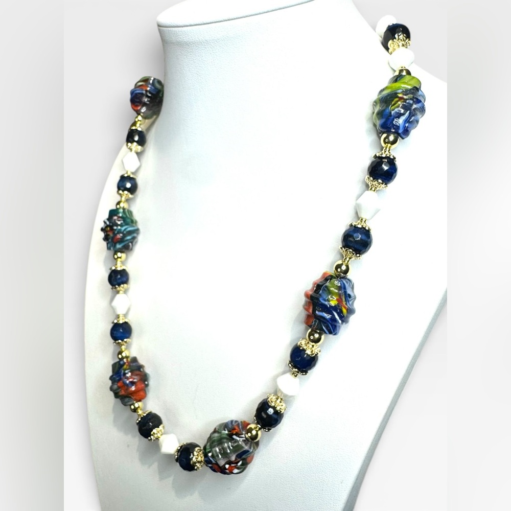 ARTISAN Murano Glass Millefiori, Blue Tiger’s Eye & Vintage Milkglass Necklace - Picture 6 of 16